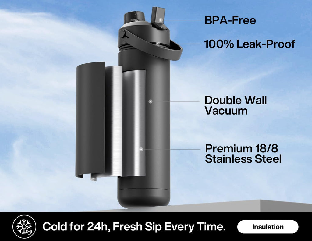 26 oz Insulated Water Bottle with 2-in-1 Straw and Spout Lid, Keep Cold 24H, Leak-Proof, Fits in Car Cup Holder