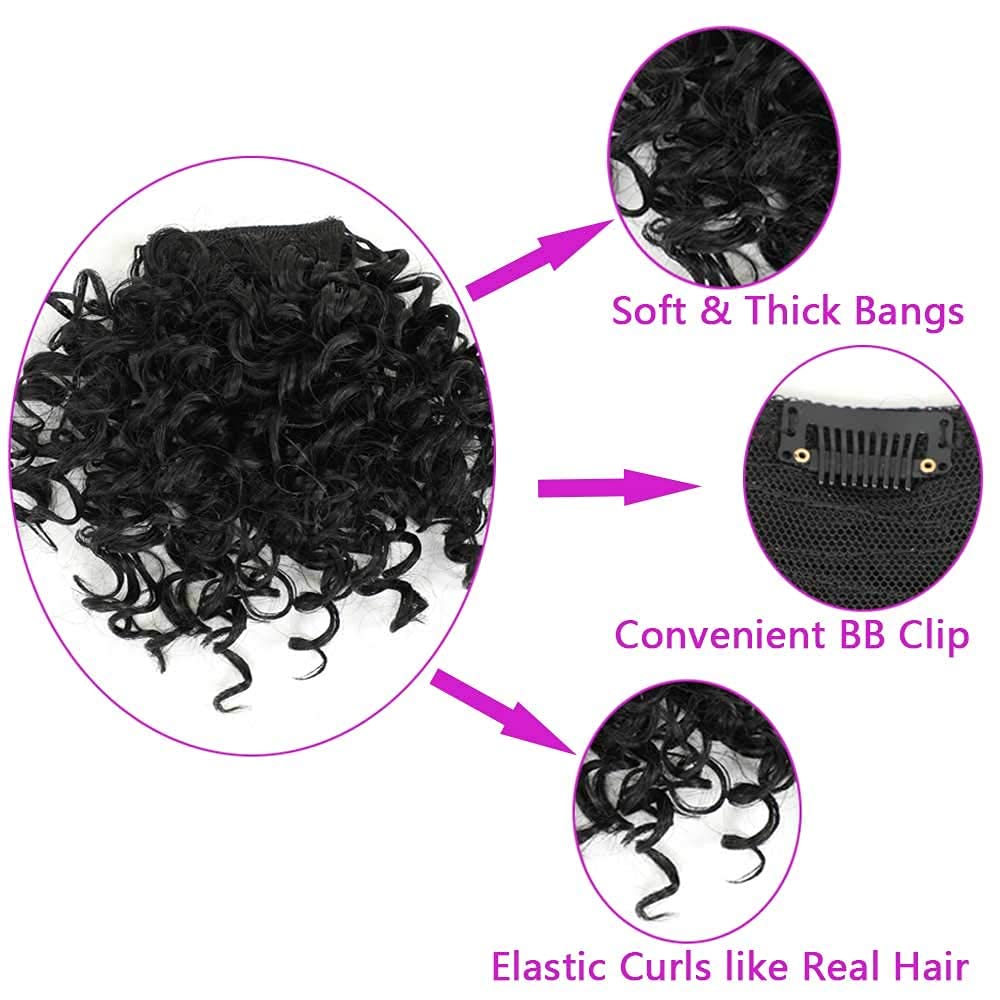 Curly Bangs for Black Women Short Afro Kinky Curly Bangs Clip in Bangs(1B,single bangs)