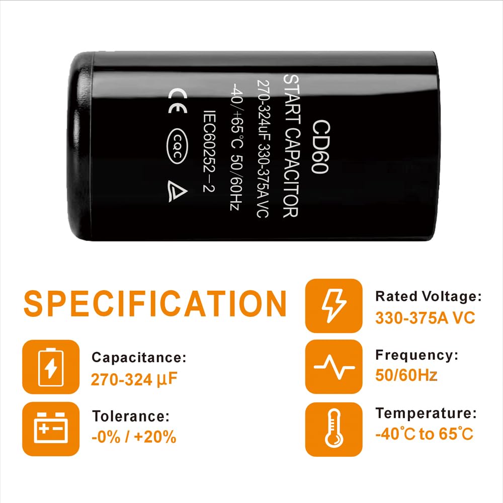 270-324 uf/MFD CD60 Round Start Capacitor ±20% 50/60 Hz 330-375 VAC Round Motor Well Pump Start Capacitor