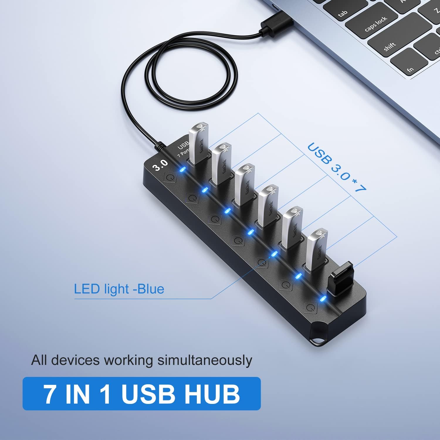 USB Hub 3.0, 7-Port USB A Splitter with Individual On/Off Switches and Lights, 3.2ft/1m Long Cable, Extender for A