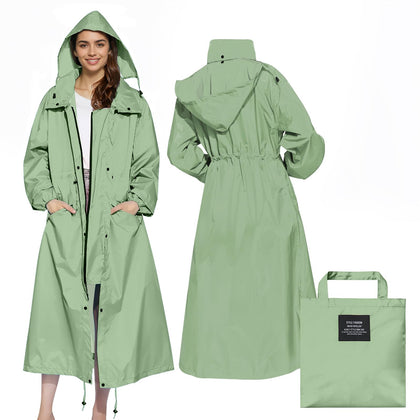 Womens Long Raincoats Rain Jacket Waterproof Packable Outdoor Hooded Windbreaker Lightweight Adjustable Waist for