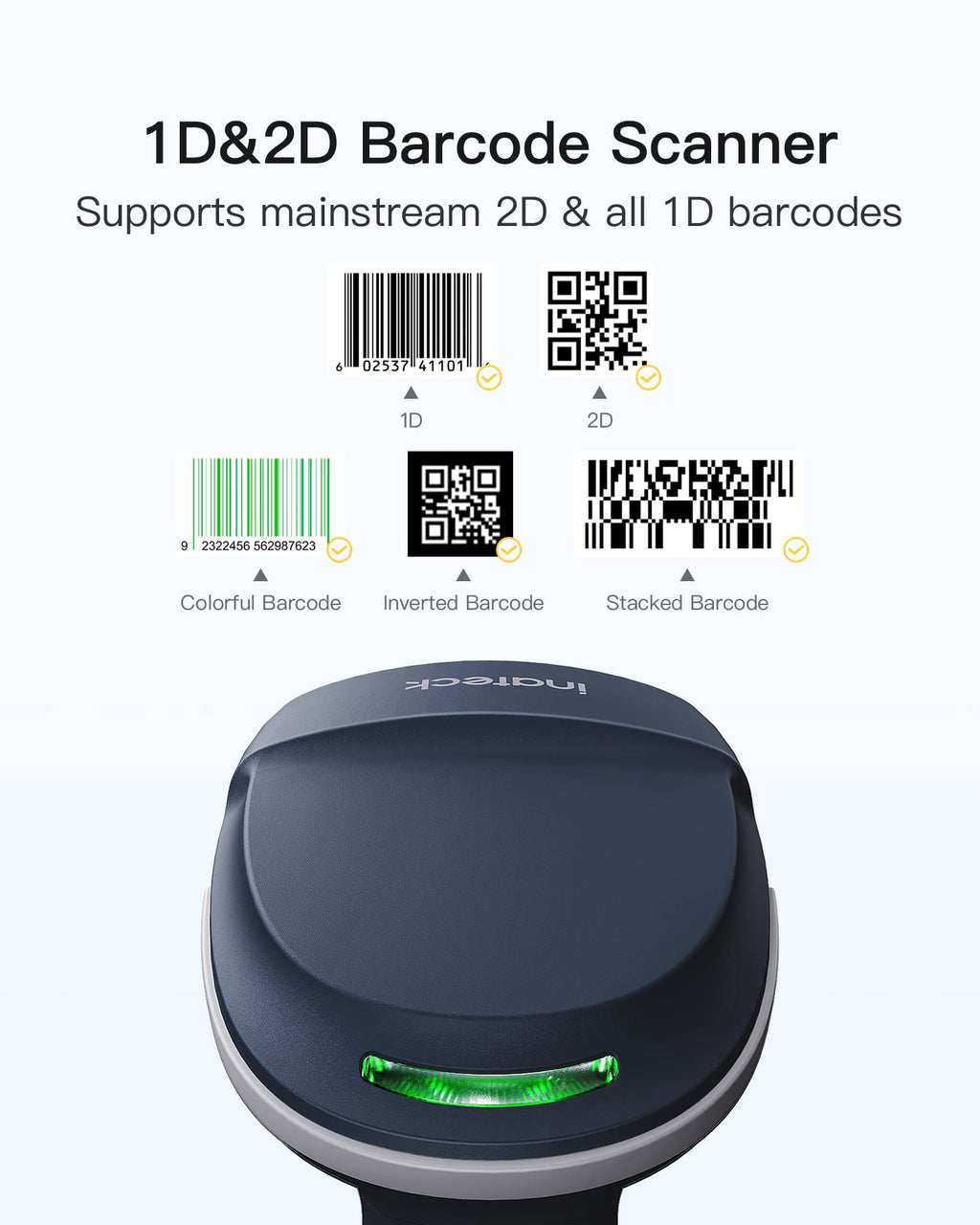 QR Barcode Scanner, 2D Wireless Barcode Scanner, 3 in 1 Barcode Reader, Screen Scanning, BCST-54 Blue
