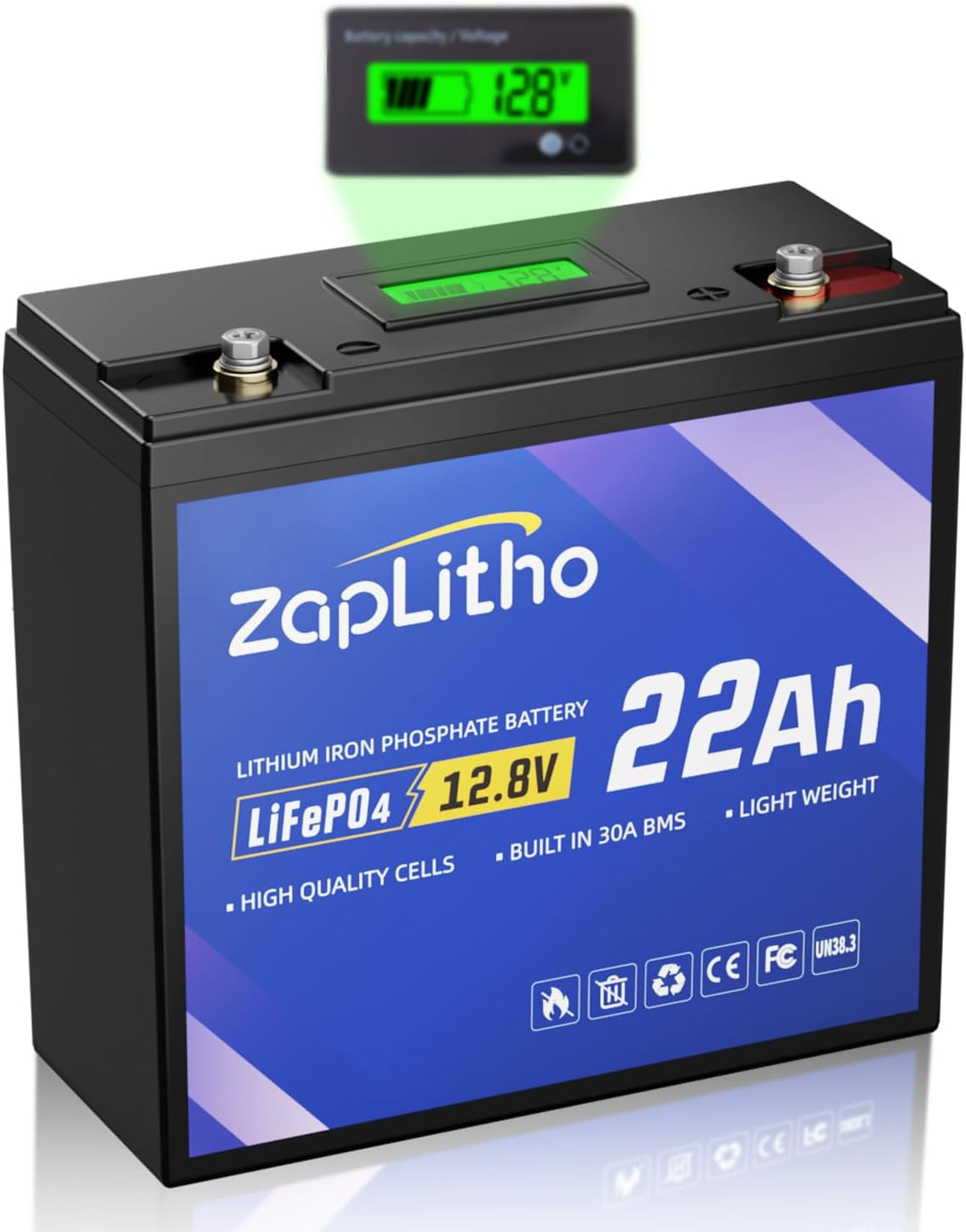 Upgraded 12V 22Ah Lithium Battery LiFePO4, LCD Voltage Diaplay & 30A BMS, Deep Cycle Grade A Cells, Lightweight