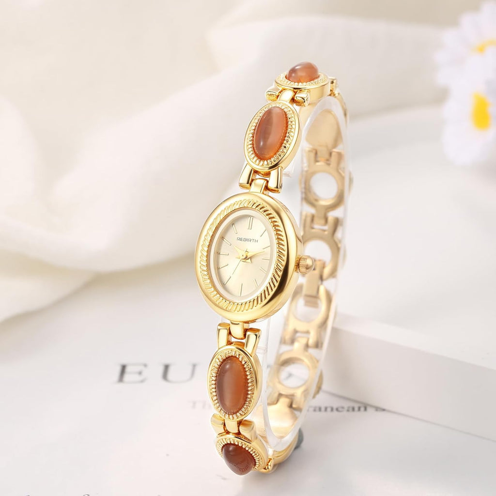 Women's Oval Bracelet Watch: Detachable Strap with Quartz Cat's Eye Stone Vintage Gold Watches Small Dainty 3ATM
