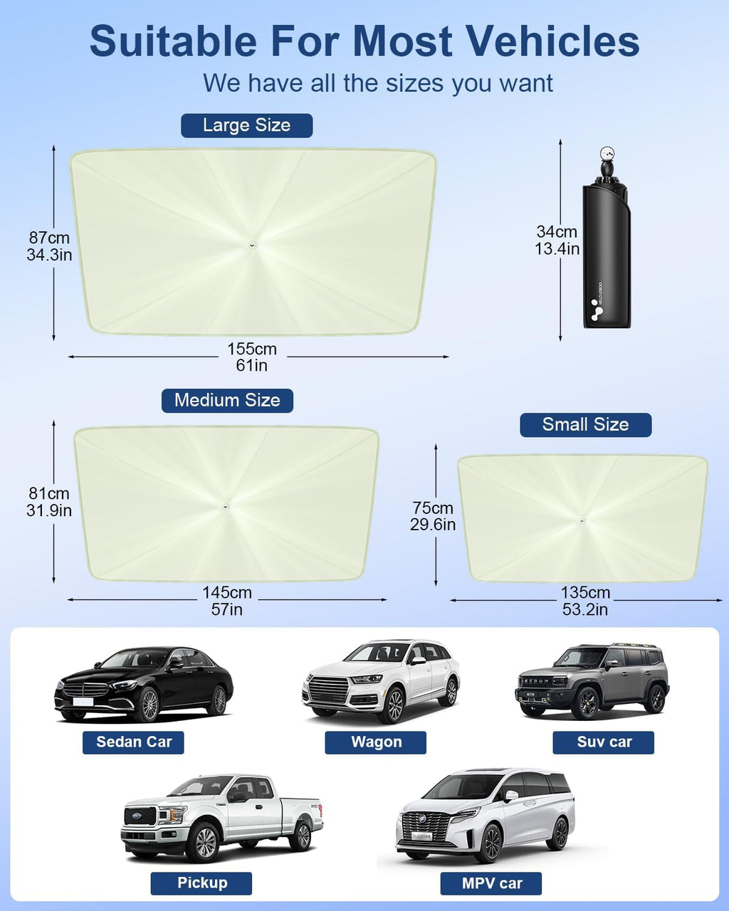 Car Windshield Sun Shade Umbrella 57" x 32", Windshield Sun Shade Foldable with 5-Layer Thickened Vinyl Coating