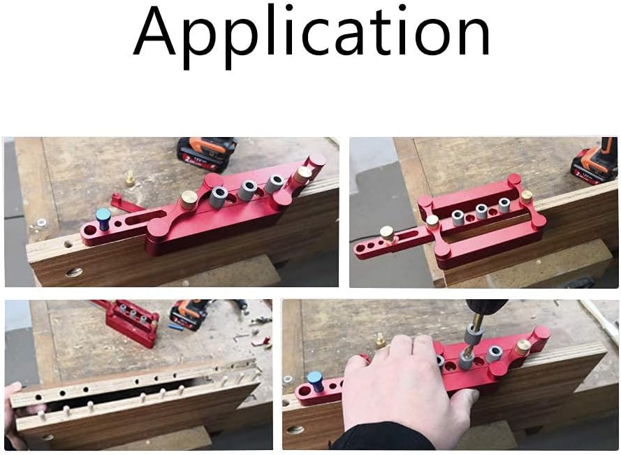 Self Centering Doweling Jig Woodworking Joinery Hole Drill Guide with 1/4 5/16 3/8 Inch Positioner Locator Tool Red