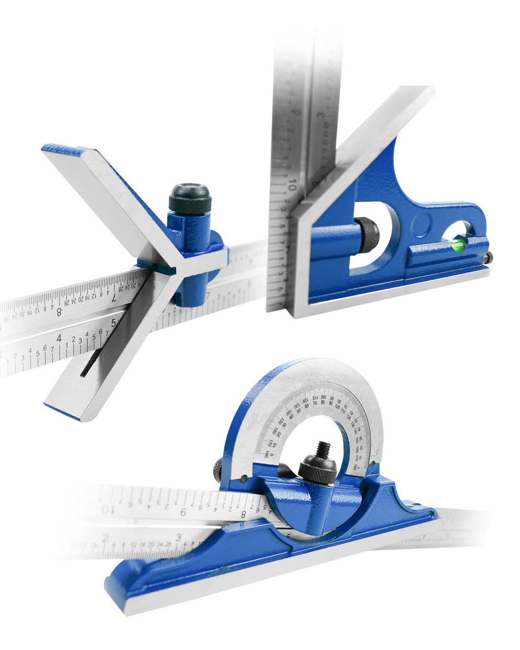 12" 4 Combination Square Ruler Set Protractor Satin, 4-R Graduation, Blue