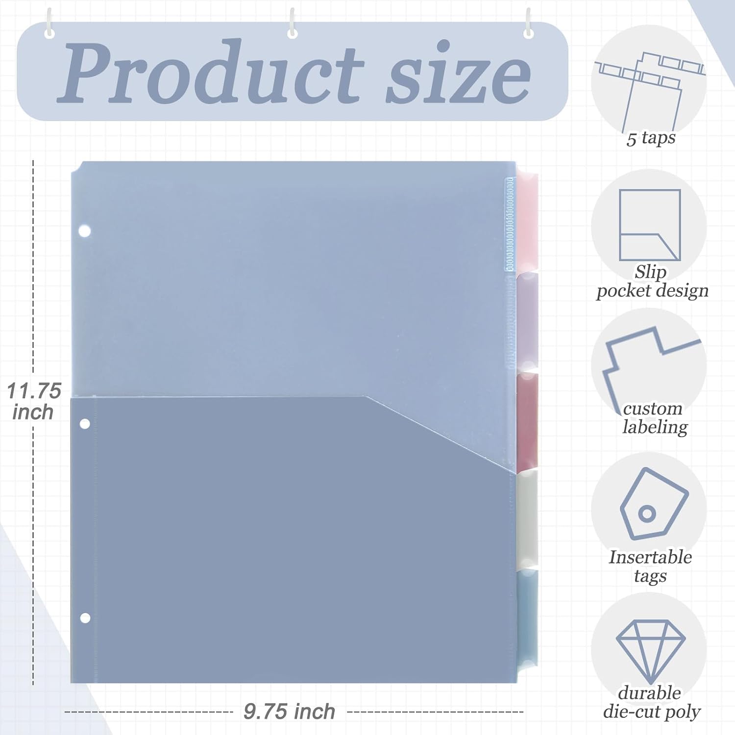 4 Sets Back to School 5 Tab Plastic Binder Dividers, Plastic Index with Pocket for 3 Ring Binder, Colorful Letter