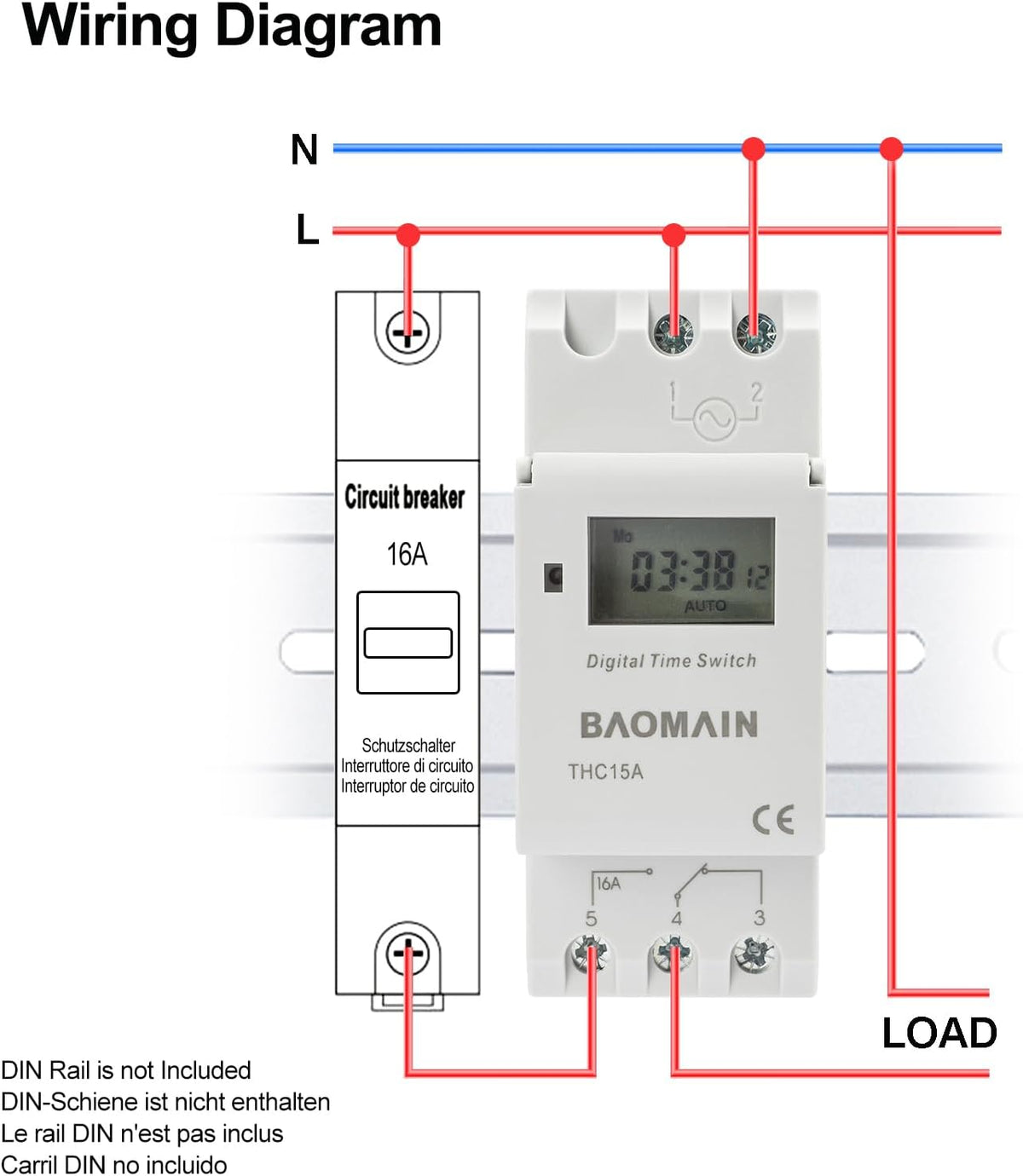 BAOMAIN 12V AC/DC Digital Programmable Timer Switch 16A DIN Rail Mount