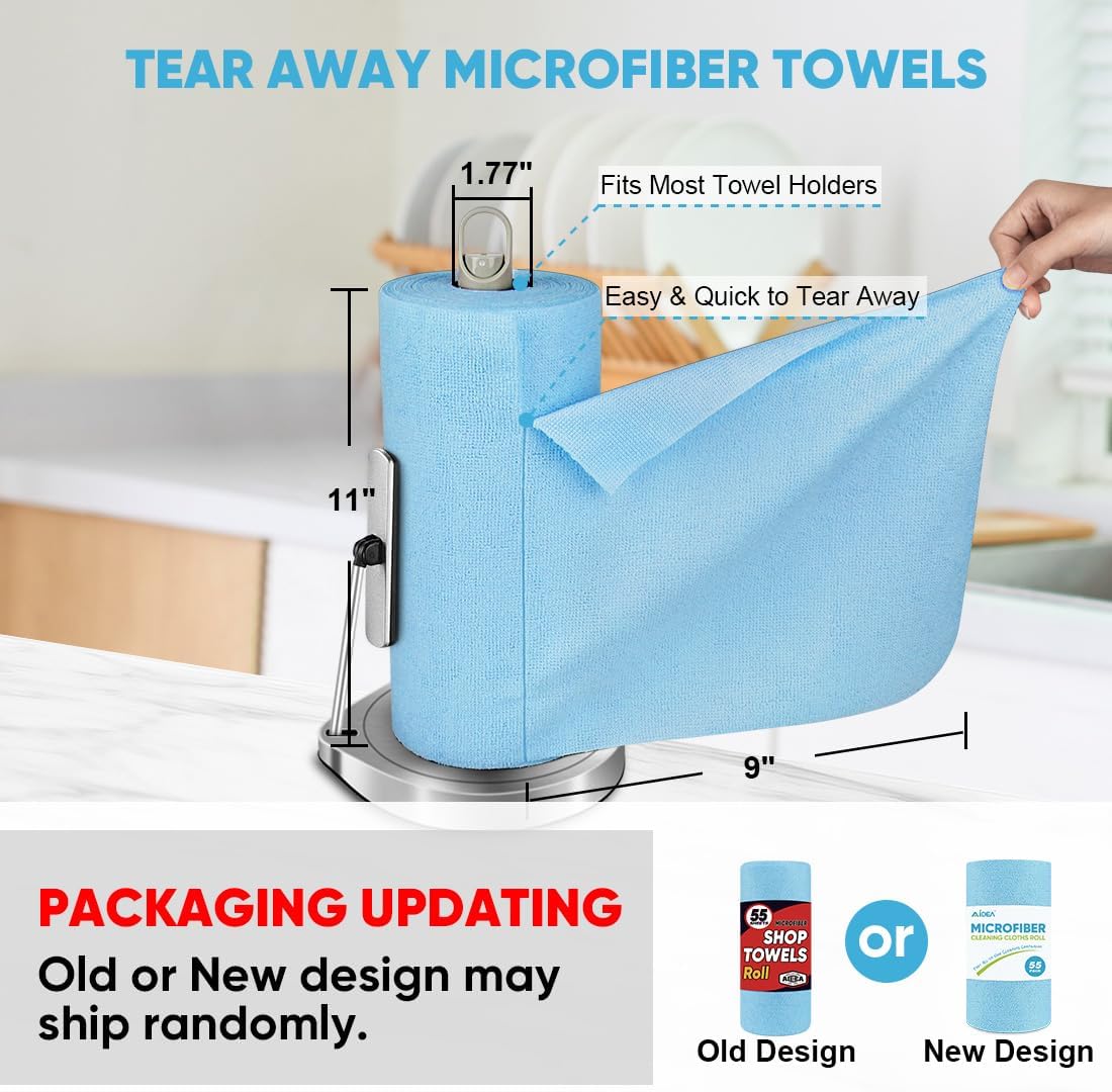 Microfiber Cleaning Cloth Roll, Blue Shop Towels 55 Sheets Washable, Microfiber Towels for Cars, Blue Rags Reusable