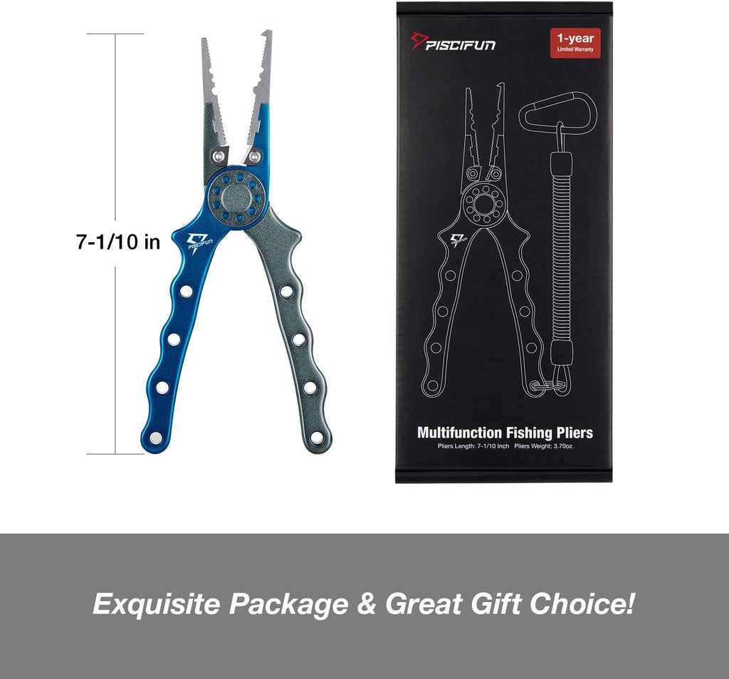 Saltwater Fishing Pliers, Aluminum, Split Ring, Braid Cutter | Hook remover, tungsten carbide blade, spring-loaded