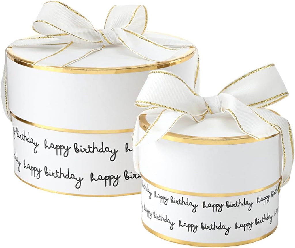 Gift Wrap Co. Nested Gift Box 2-Piece Set Round Designer Boxes with Lids, Large and Small, Happy Birthday