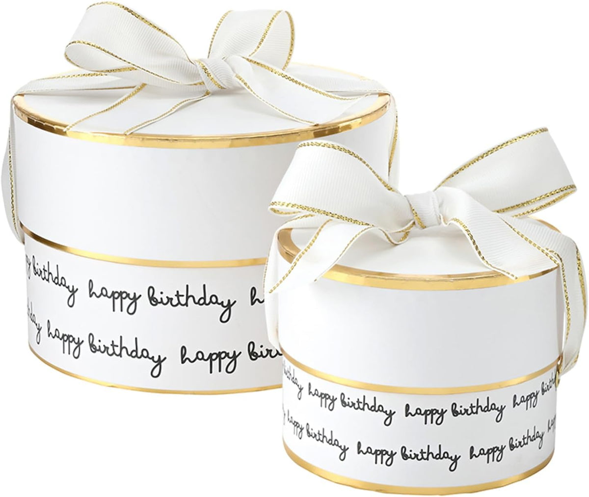 Gift Wrap Co. Nested Gift Box 2-Piece Set Round Designer Boxes with Lids, Large and Small, Happy Birthday