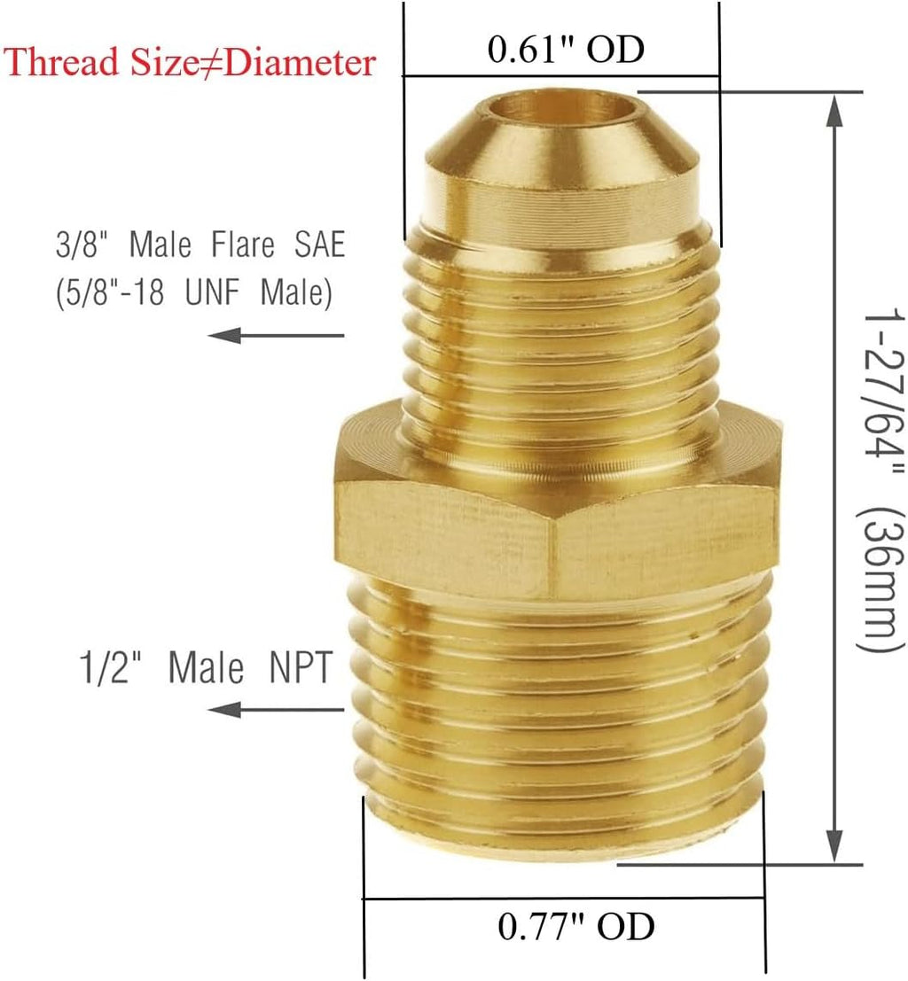 Brass 3/8" Male Flare x 1/2" NPT Male Tube Fitting Gas Adapter 2PCS