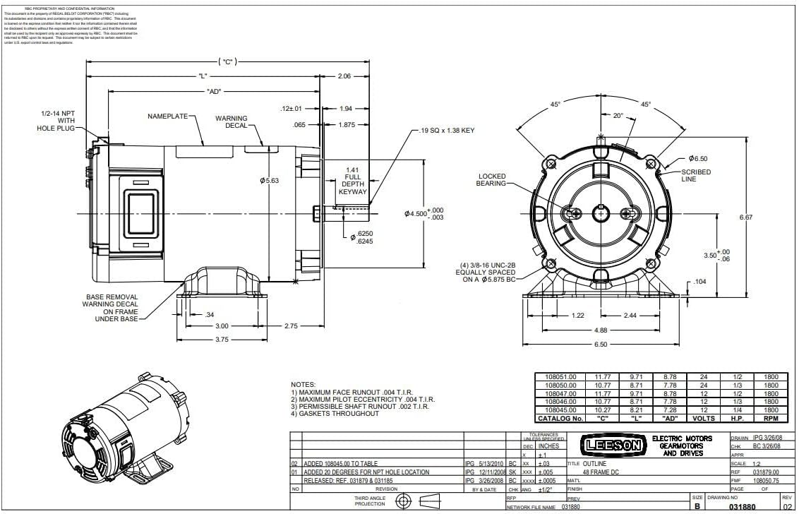 108051.00 Direct Current DC Motor - Permanent Magnet - Low Voltage, Brushed, 1/2 hp hp, 24 V, 1800 rpm, TENV (Totally Enclosed Non-Ventilated), S56C Frame