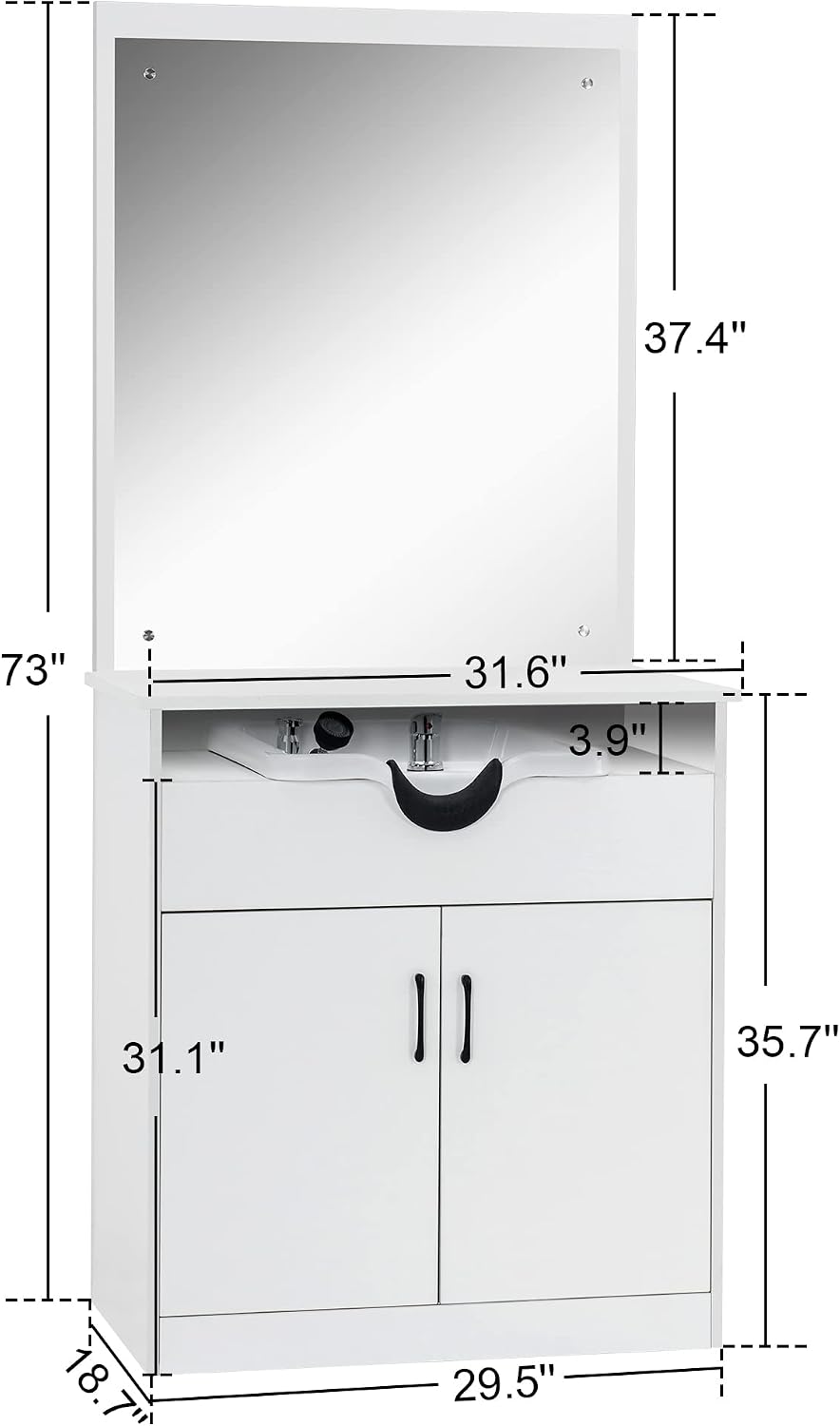 Backwash Shampoo Bowl Sink Chair Station with Mirror Salon Styling Cabinet Spa Equipment 3130 (White)