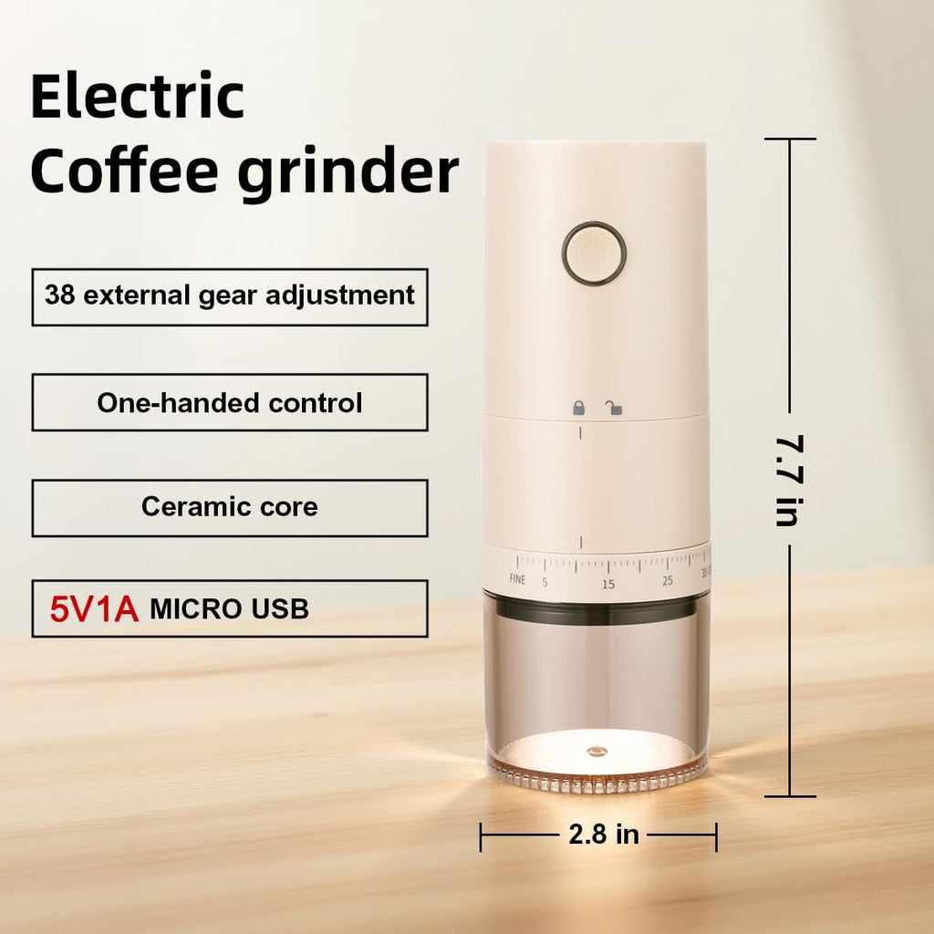 Portable Electric Burr Coffee Grinder with 38 Adjustable Grind Settings - USB Rechargeable Ceramic Core Conical Burr