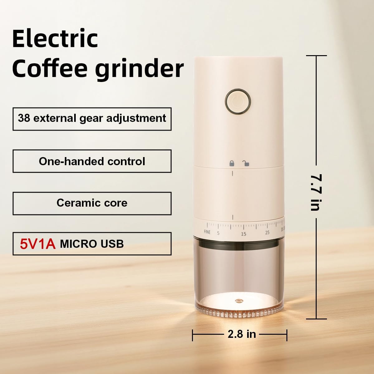 Portable Electric Burr Coffee Grinder with 38 Adjustable Grind Settings - USB Rechargeable Ceramic Core Conical Burr