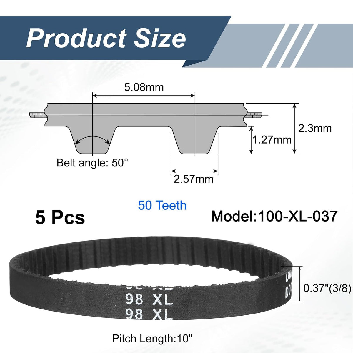 uxcell 5pcs 100XL 037 Timing Belt 50 Teeth Rubber Geared Cogged Belt, 0.37" Width, 0.20" Pitch Mechanical Replacement Belts
