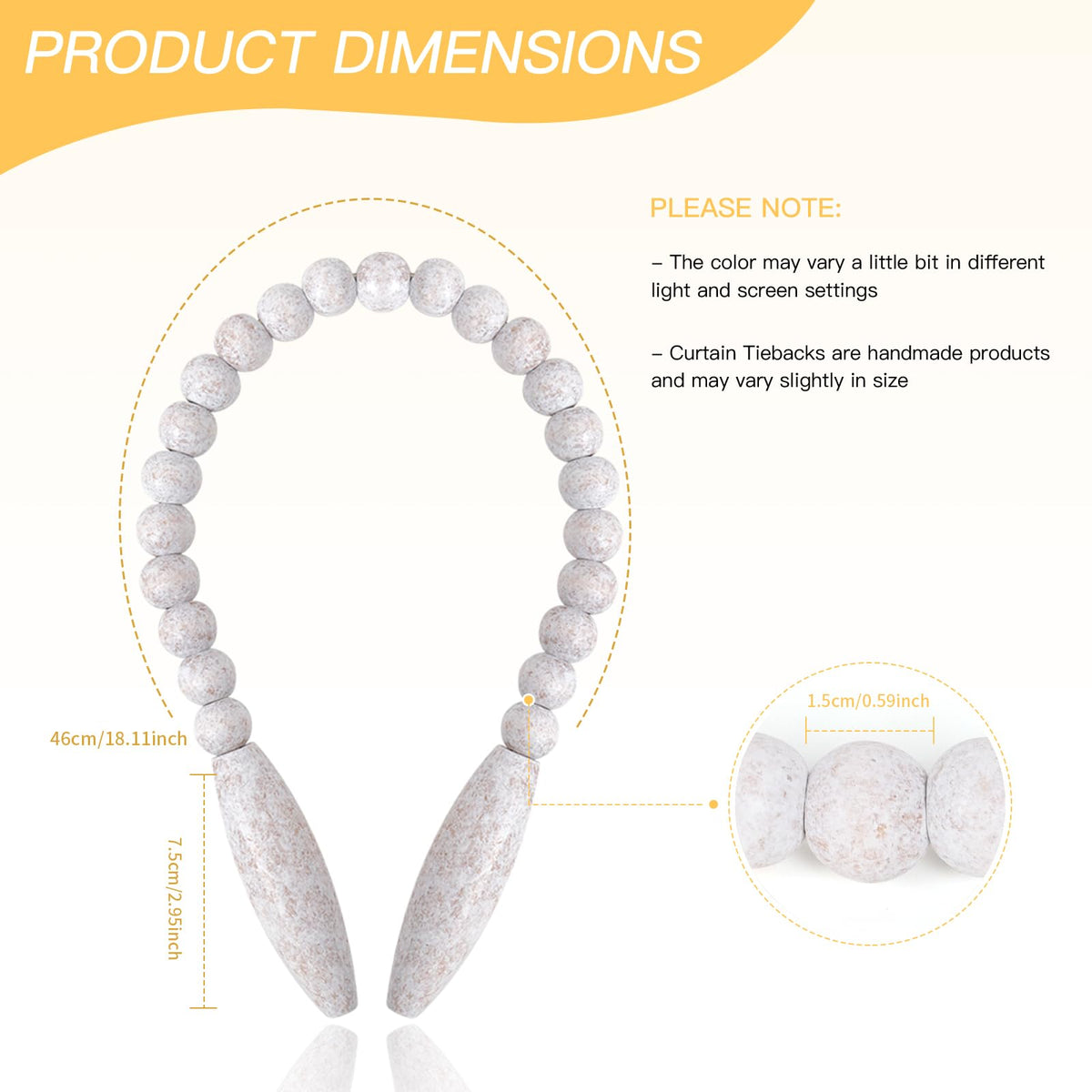 Wood Bead Curtain Tiebacks 2 Pack, Curtain Holdbacks, White Washed