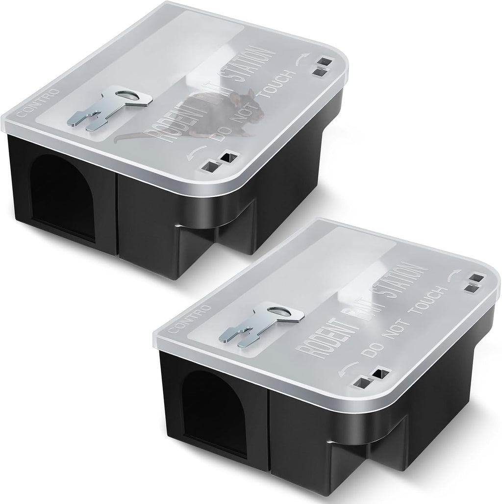 2 Pcs Mouse Bait Stations with Keys, Rodent Trap Box,Clear | Large Size 8.9 x 7.3 x 3.6 in, Openable Clear Lid