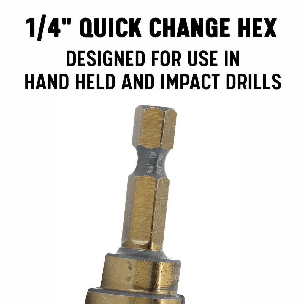 Drill America #1 HSS Black & Gold Step Drill Bit with Quick Change Hex Shank (1/8"- 1/2 by 1/32")