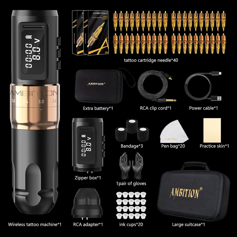 Tattoo Kit - Ambition Mars-U Wireless Tattoo Machine Kit with Adjustable Stroke 1800mAh Power Tattoo Gun Kit with