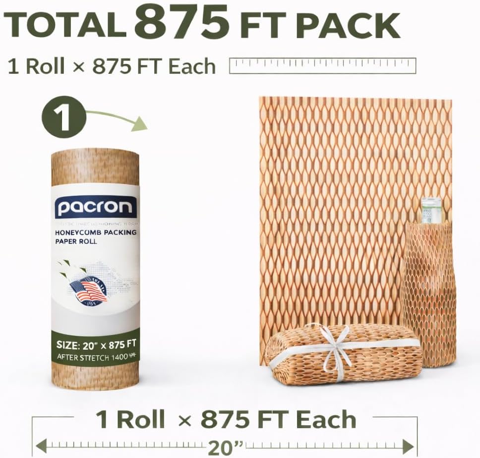 Honeycomb Packing Paper Roll 20" x 875', 1-Pack Recyclable Kraft