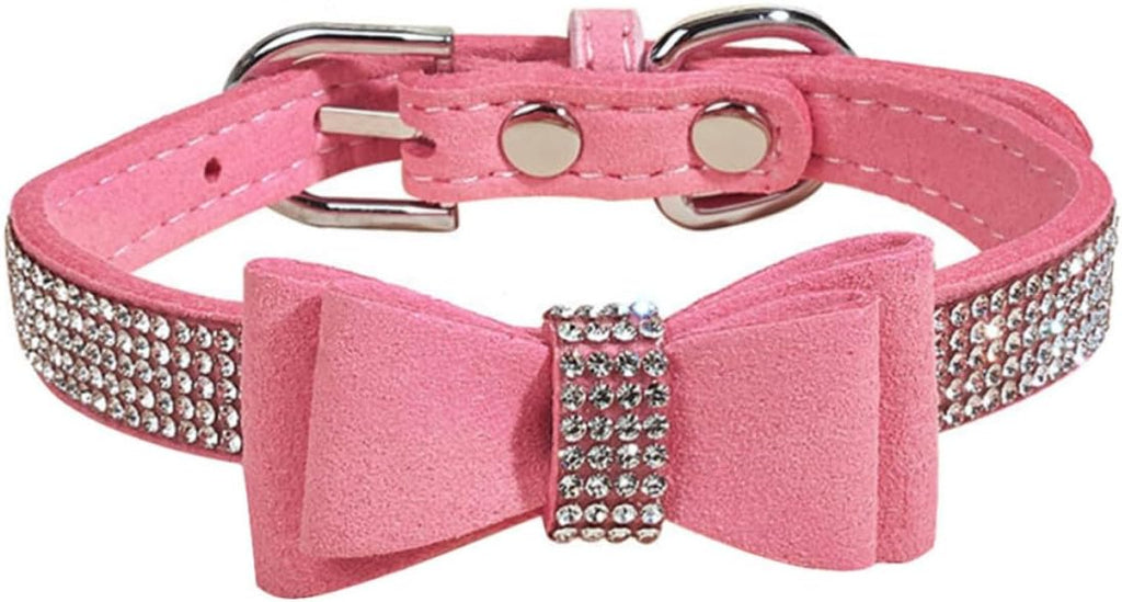 Pink Rhinestone Dog Collar with Bowknot and Leash-Ready D-Ring