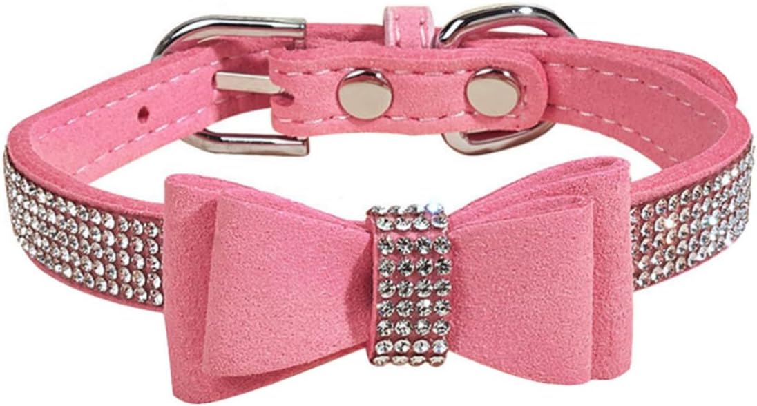 Pink Rhinestone Dog Collar with Bowknot and Leash-Ready D-Ring
