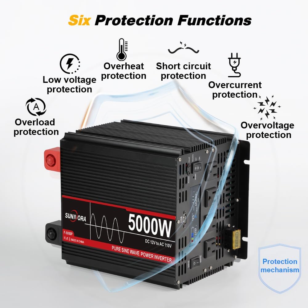 5000 Watt Pure Sine Wave Power Inverter, 12V DC to 110V/120V AC Converter 10000W Peak, with Remote Control LCD, 4 AC