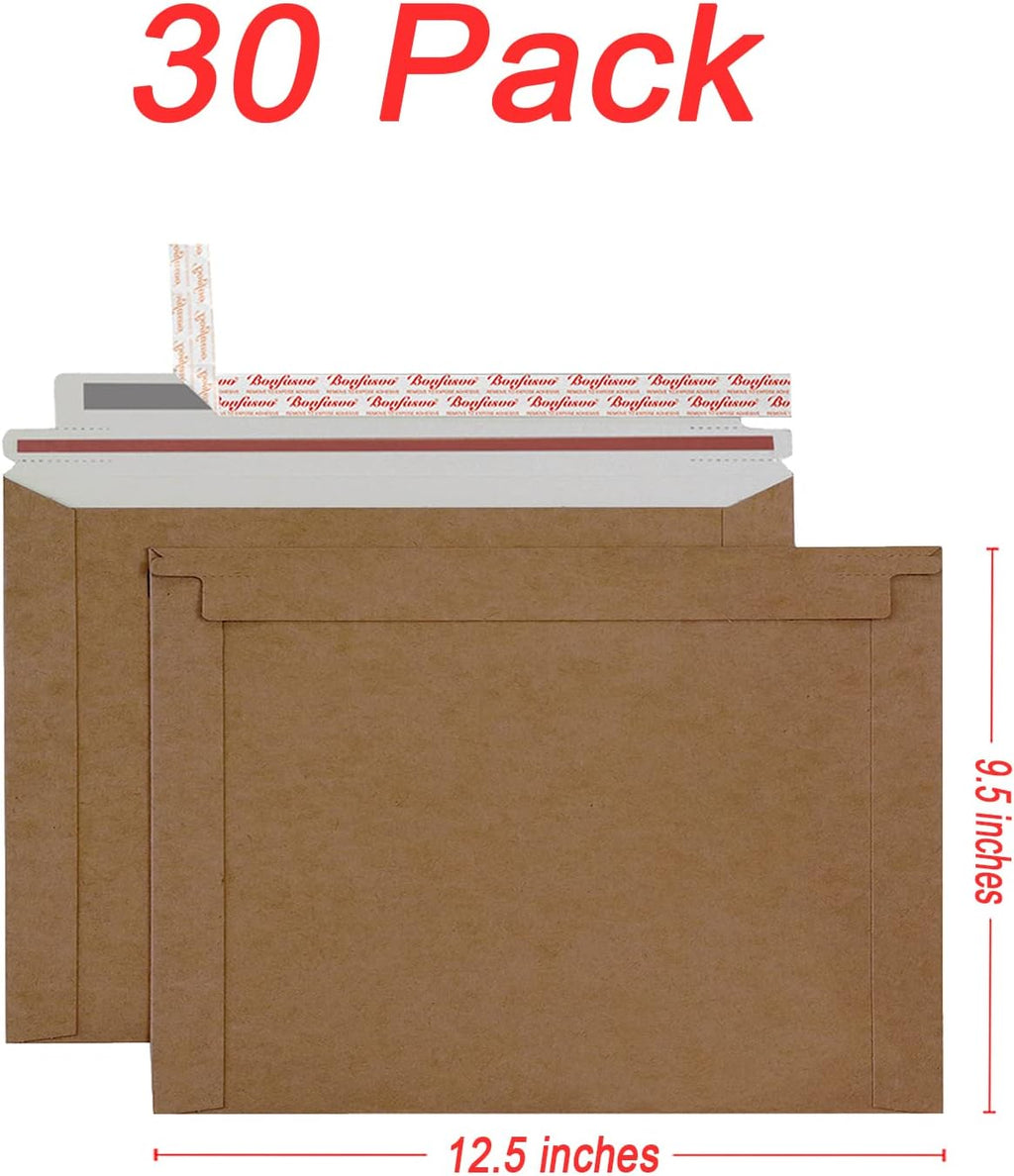 Rigid Mailers 30 Pack 9.5 x 12.5 inches Brown Self Seal Stay Flat Bulk Cardboard Kraft No Bend Mailers Peel and Seal