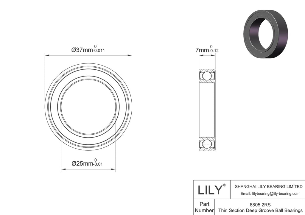 LILY 10 Pack 6805-2RS Thin Section Bearings 25x37x7mm