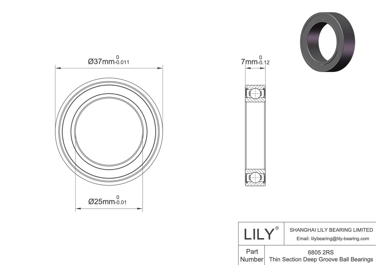 LILY 10 Pack 6805-2RS Thin Section Bearings 25x37x7mm
