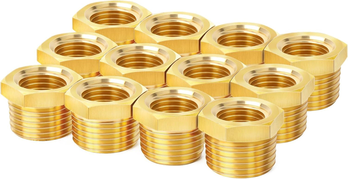 ChillWaves Brass Pipe Fitting, Reducer Hex Bushing 1/2" NPT Male x 3/8" NPT Female Thread Adapter(12-PACK)