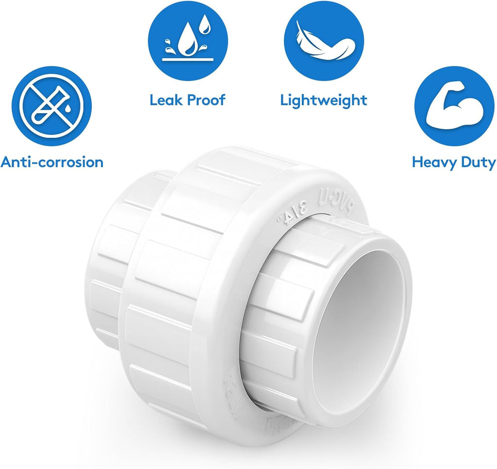 9 pcs 3/4 Inch PVC Union, Socket x Socket Schedule 40 Fitting with EPDM O-Ring for Plumbing, Irrigation, Pool & Outdoor Watering Systems