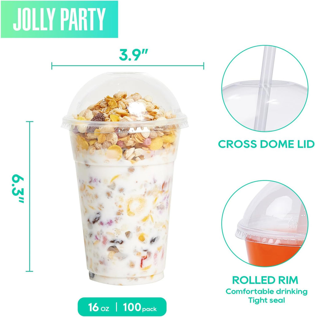100 PACK 16 oz Clear Disposable Plastic Cups with Dome Lids