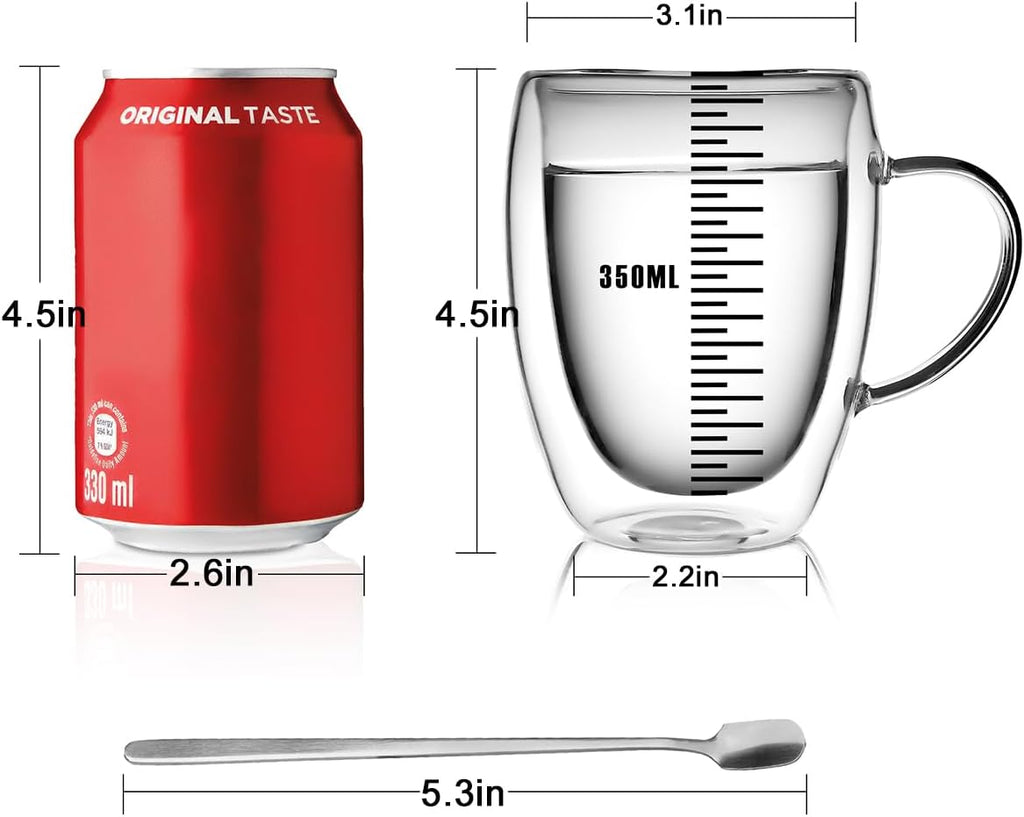 4 Pack Double Walled Coffee Cups Glasses Mug 12oz Borosilicate Glass