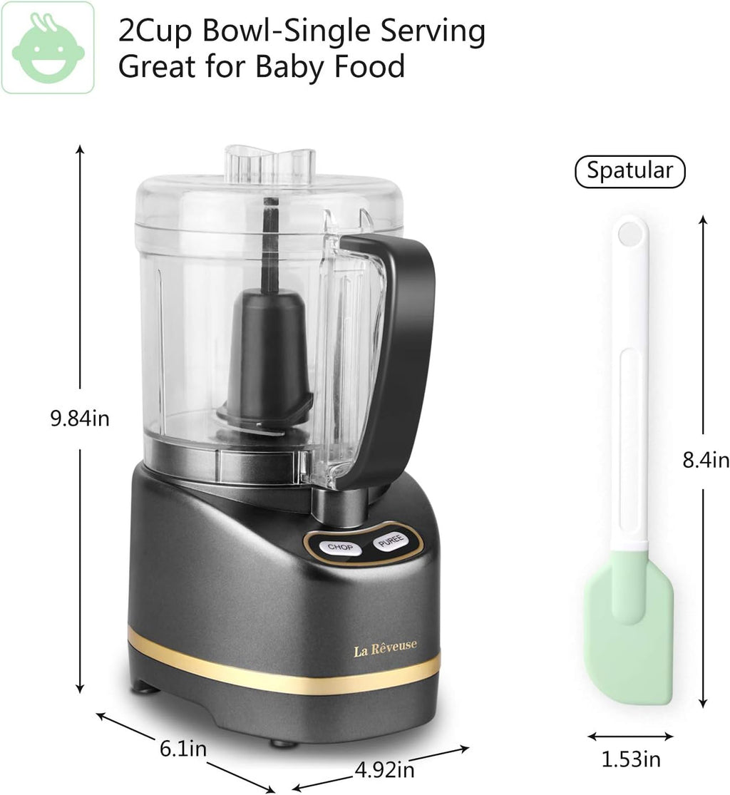 2 Cup Mini Food Processor, Electric Chopper Small, Metallic Grey | for Mincing, Chopping, Grinding, Blending, Puree