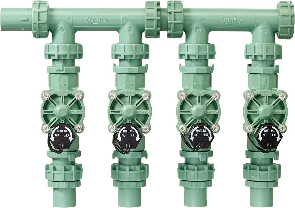 Orbit 4-Valve Preassembled Sprinkler Manifold – Easy Install, Works with PVC & Poly Pipe, Includes 4 3/4" Poly Male Adapter (4-Valve)