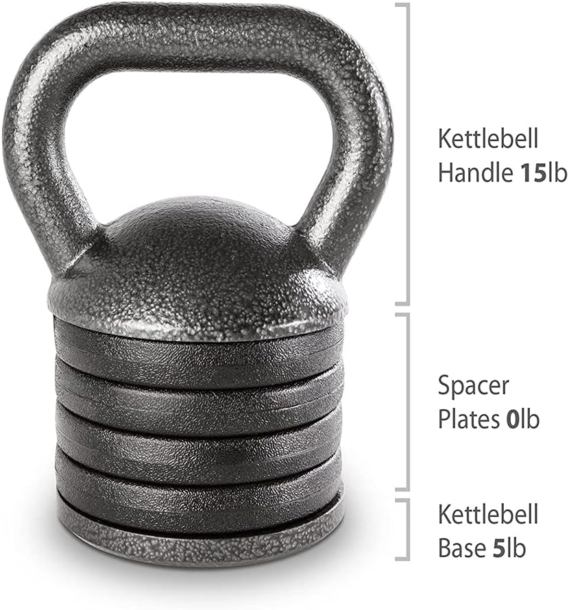 20lb Adjustable Cast Iron Kettlebell Handle, Compatible with 1” Weight Plates, Up to 50lb Load Capacity for Strength