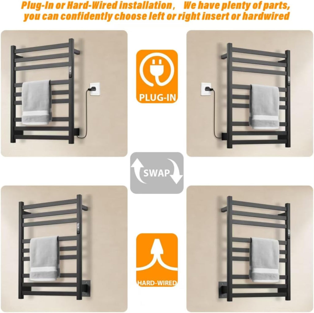 9-Bar Towel Warmer, Wall-Mounted Electric Heated Rack for Bathroom, 24-Hour Timer Smart Switch, 304 Stainless Steel