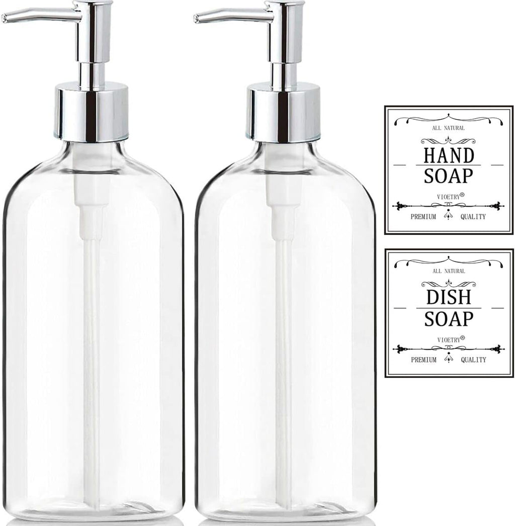 Clear Soap Dispenser with Rust Proof Pump, Waterproof Labels (2 Pack,16 Oz), Plastic Hand Soap Dish Soap Dispenser