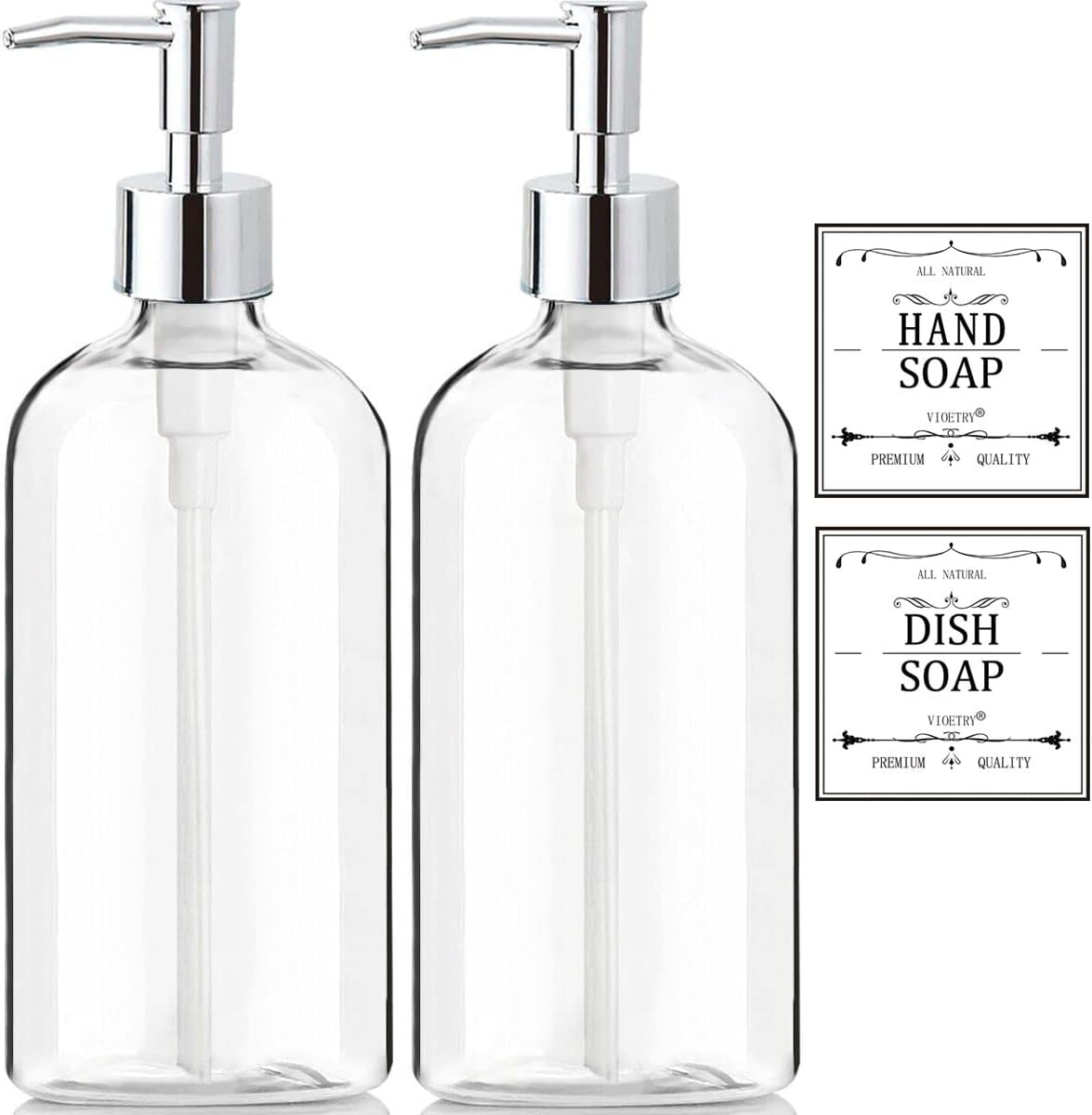 Clear Soap Dispenser with Rust Proof Pump, Waterproof Labels (2 Pack,16 Oz), Plastic Hand Soap Dish Soap Dispenser