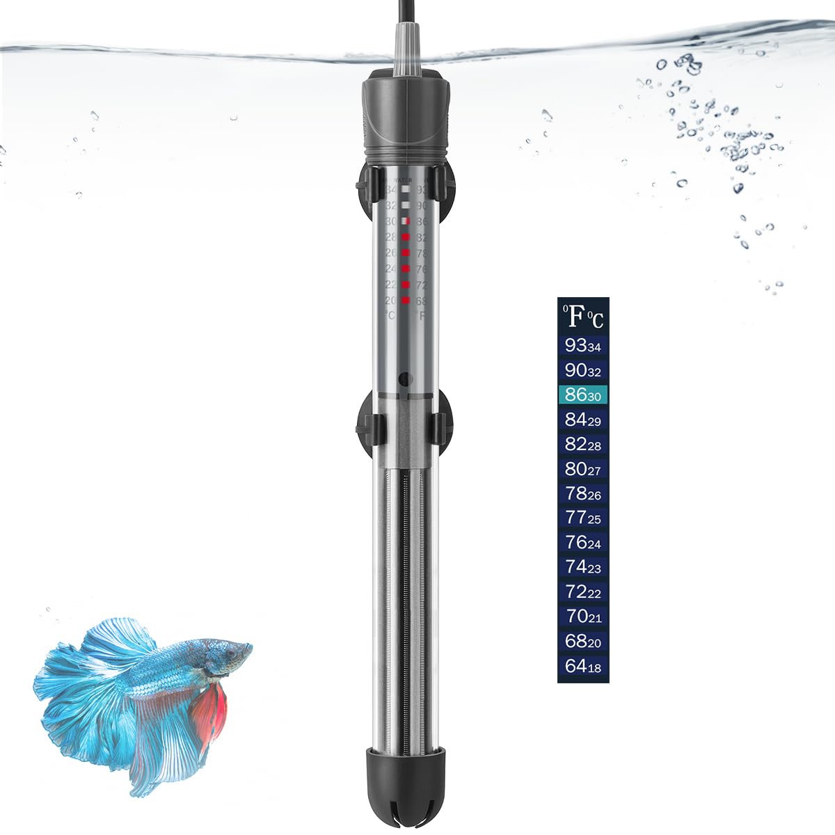 200W Adjustable Aquarium Heater, Submersible Fish Tank Heater Thermostat with Suction Cups for 30-45Gal