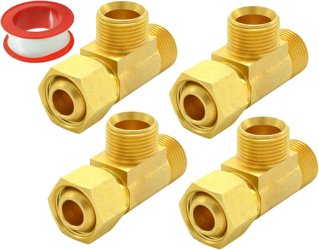 TTFLEX 3/8" Compression Tee 4PCS Brass Angle Stop Add-A-Tee for Toilet Sink