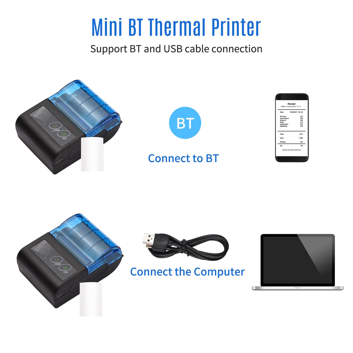 Thermal Printer, Mini Thermal Receipt Printers, Portable USB Receipt Bill Ticket Printer with 58mm Print Paper Roll
