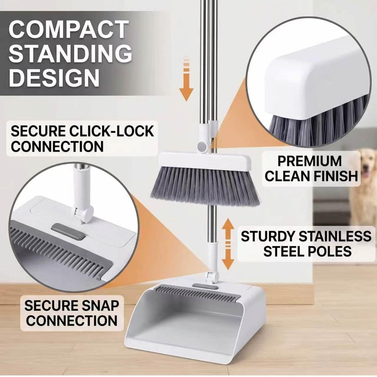 4-in-1 Broom and Dustpan Set, Long Handle Broom with Built-in Squeegee