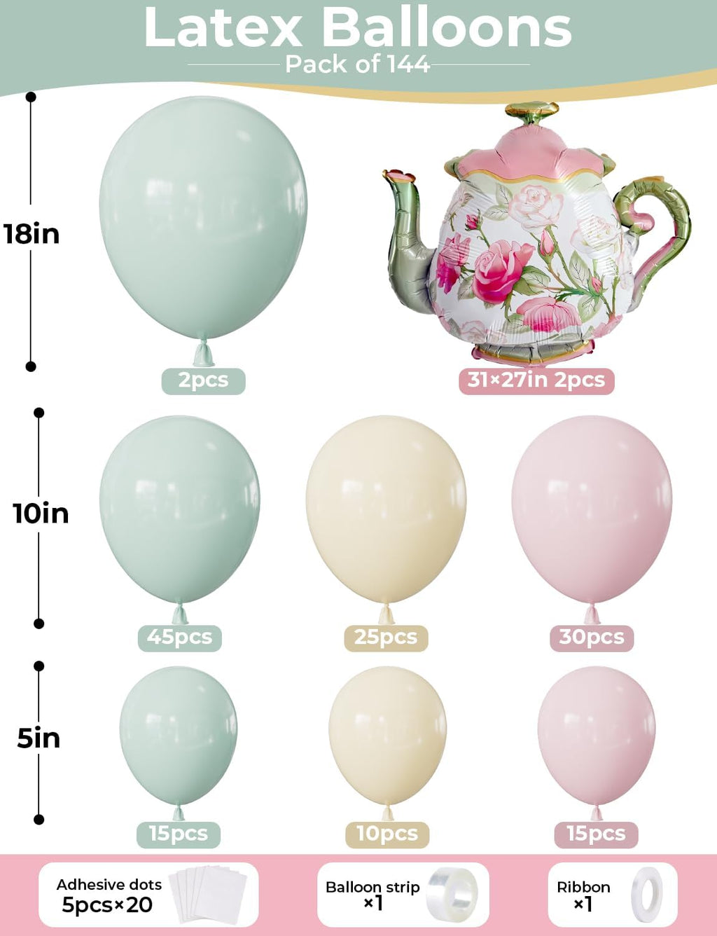 Tea Party Balloon Garland Arch Kit, 144Pcs Pastel Pink Green Yellow Balloons with Large Teapot Foil Balloons, Vintage