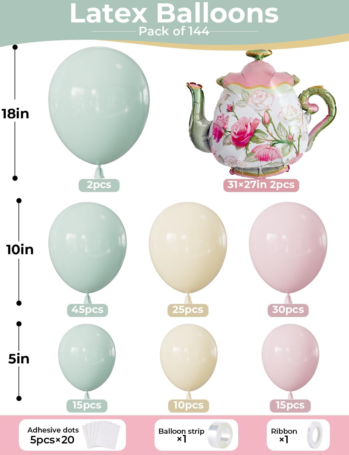 Tea Party Balloon Garland Arch Kit, 144Pcs Pastel Pink Green Yellow Balloons with Large Teapot Foil Balloons, Vintage